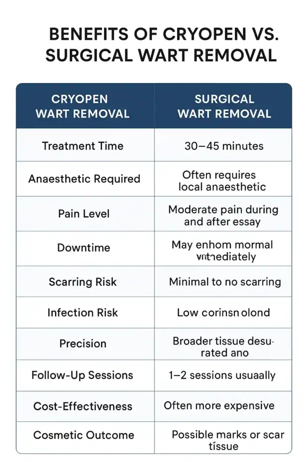 Table showing the benefits of cryopen to remove warts Thatcham compared to surgical treatment
